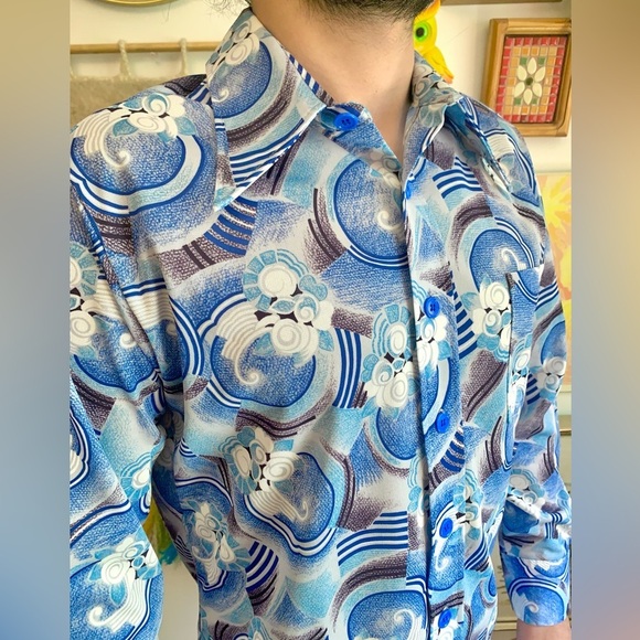 70s DEADSTOCK Psychedelic Op Art Dagger Collar Shirt - Picture 2 of 9